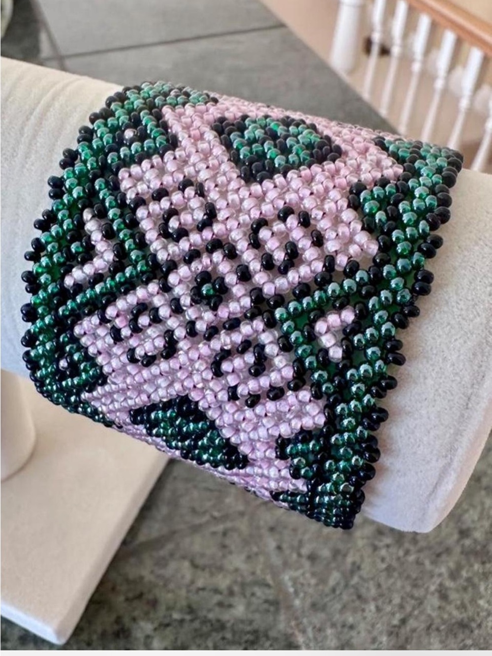 Y2k Pink and Emerald Green Beaded Cuff Bracelet